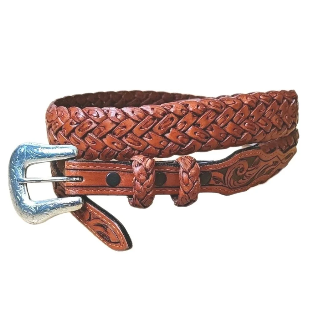 Vtg Nocona Hand Crafted Braided Brown Leather Belt Sz 34 Western Etched Buckle